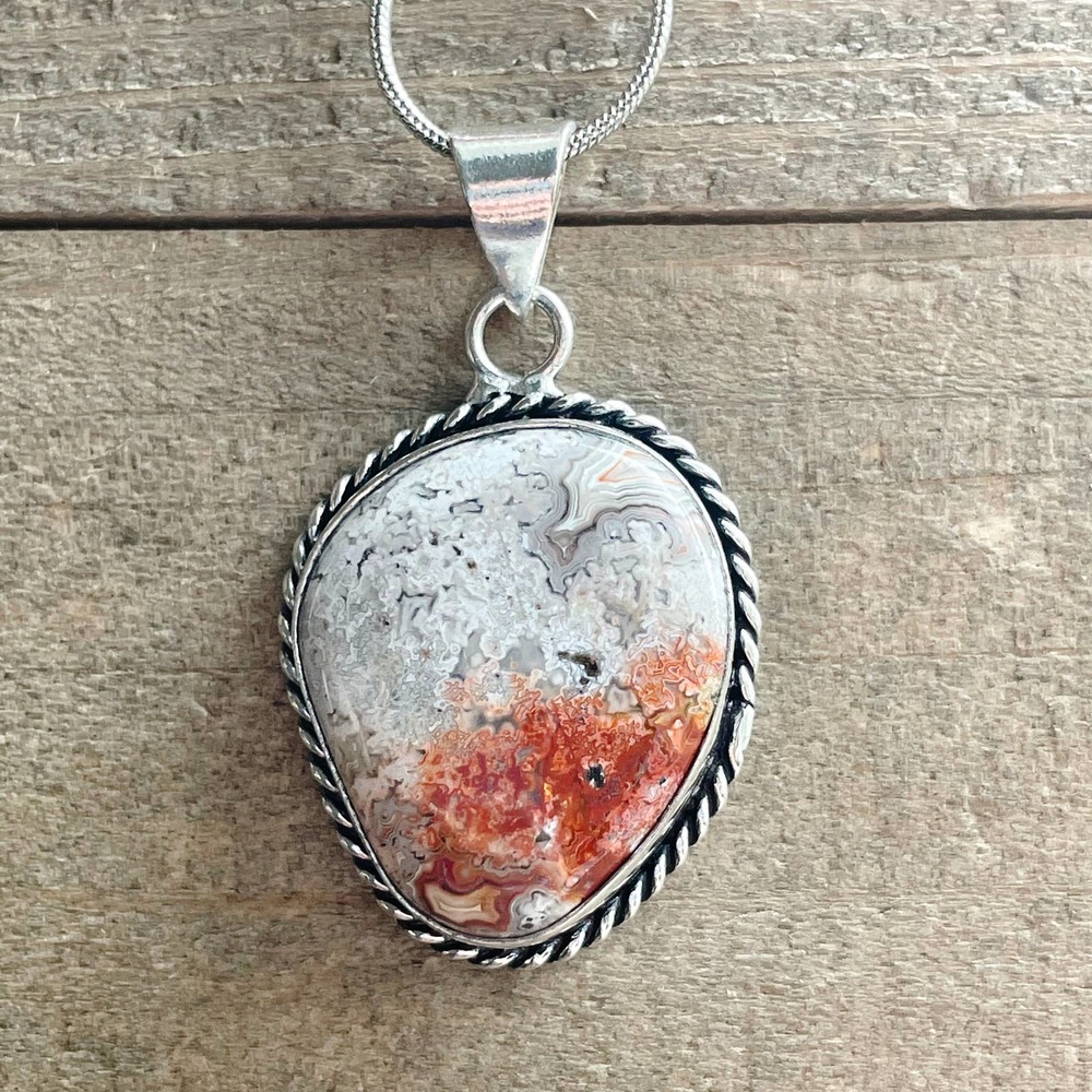 Crazy Lace Agate Pendant Necklace in 925 Silver on 18" Silver Snake Chain #023